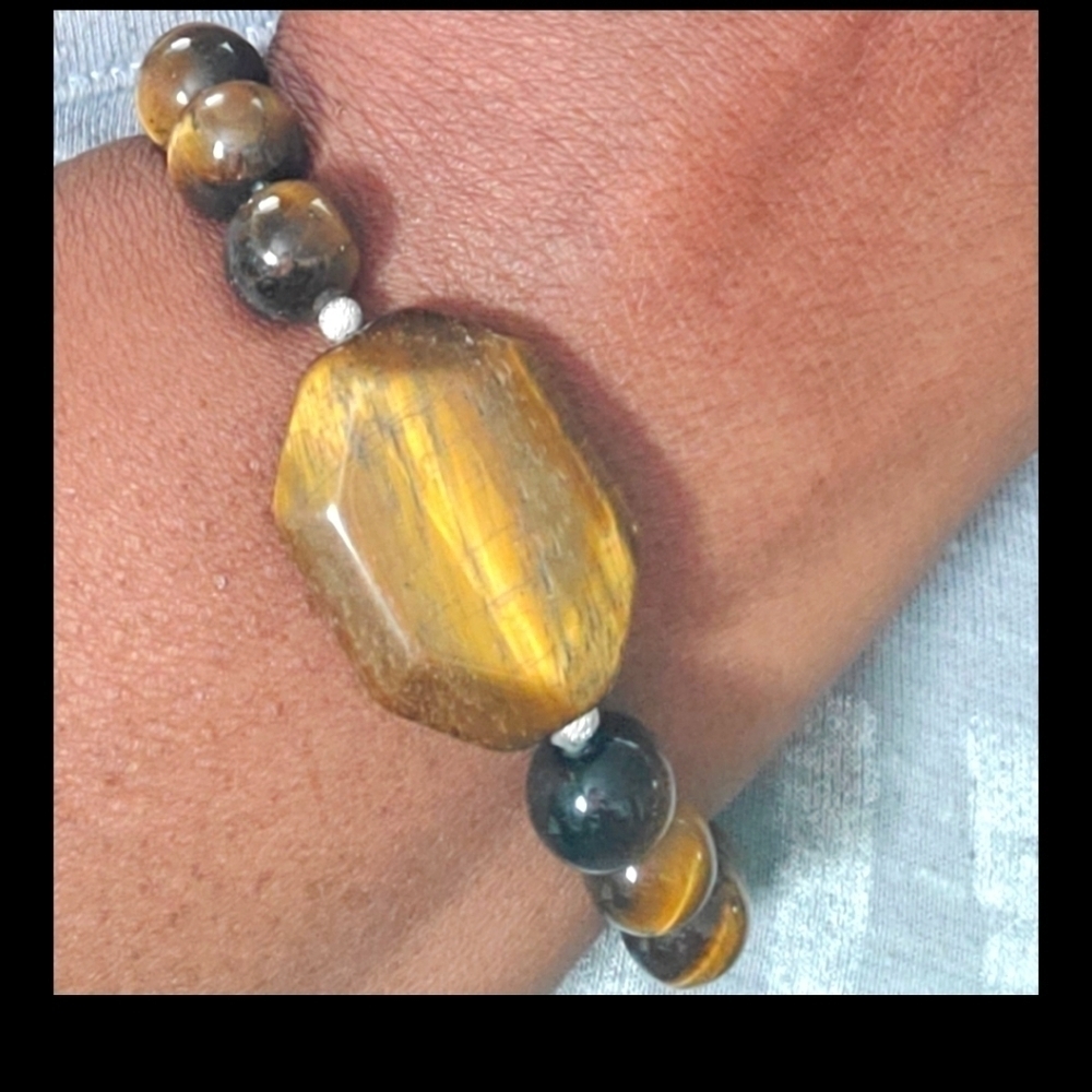 Tiger's Eye Beaded Stretch Bracelet Sterling Silver Size 7.5
